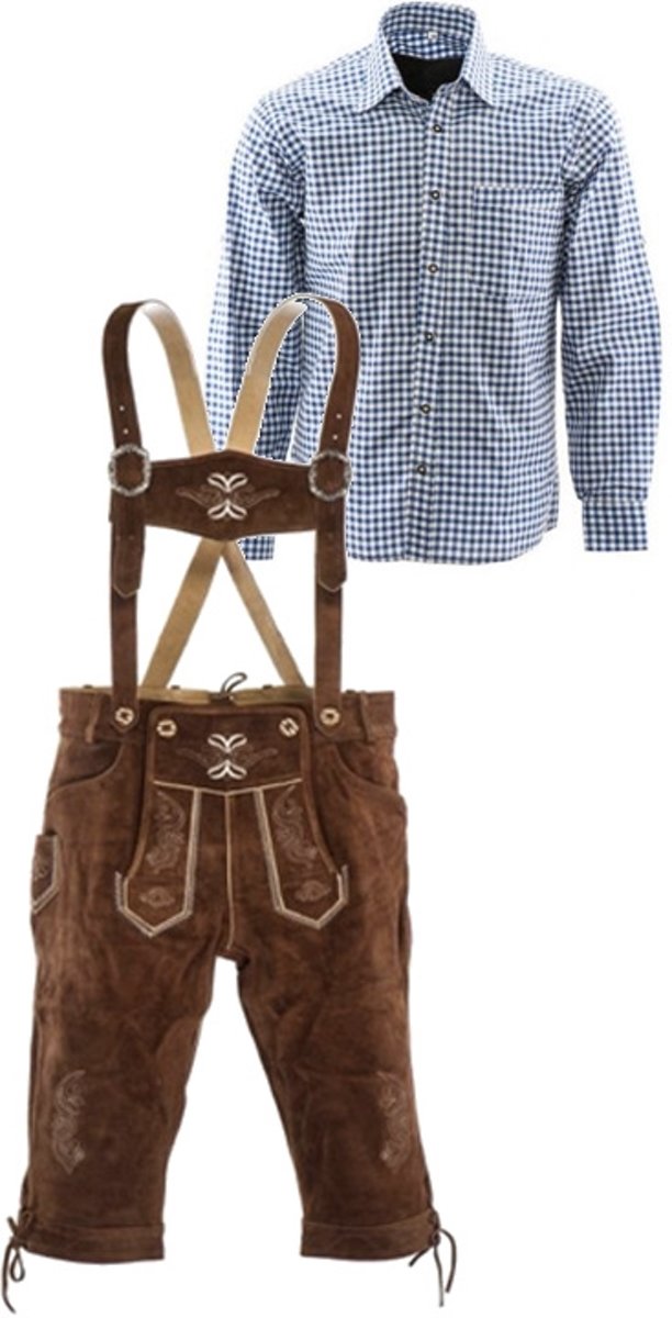 Lederhosen set | Top Kwaliteit | Lederhosen set F (goudbruine broek + blauw overhemd)-46-M